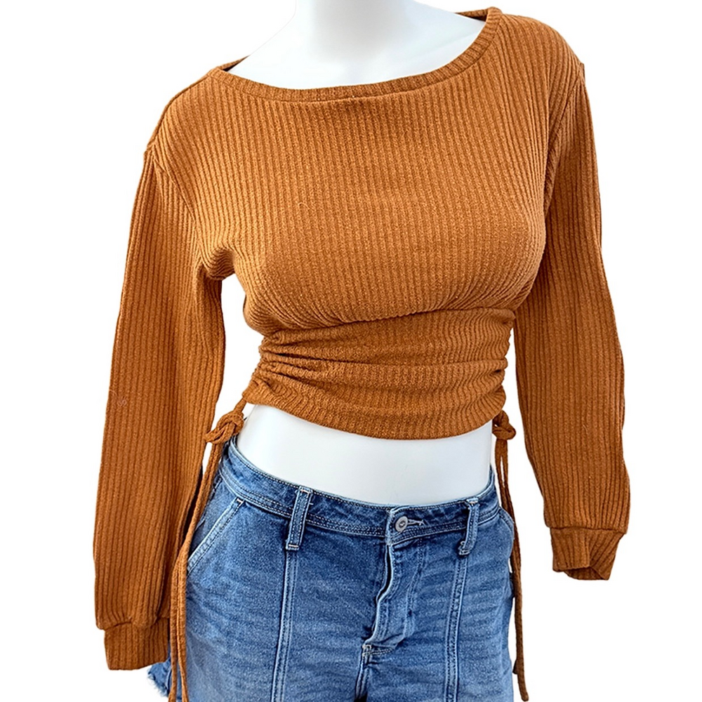 Streetwear barrel sleeve ribbed boat neck cropped long sleeve top small sienna
